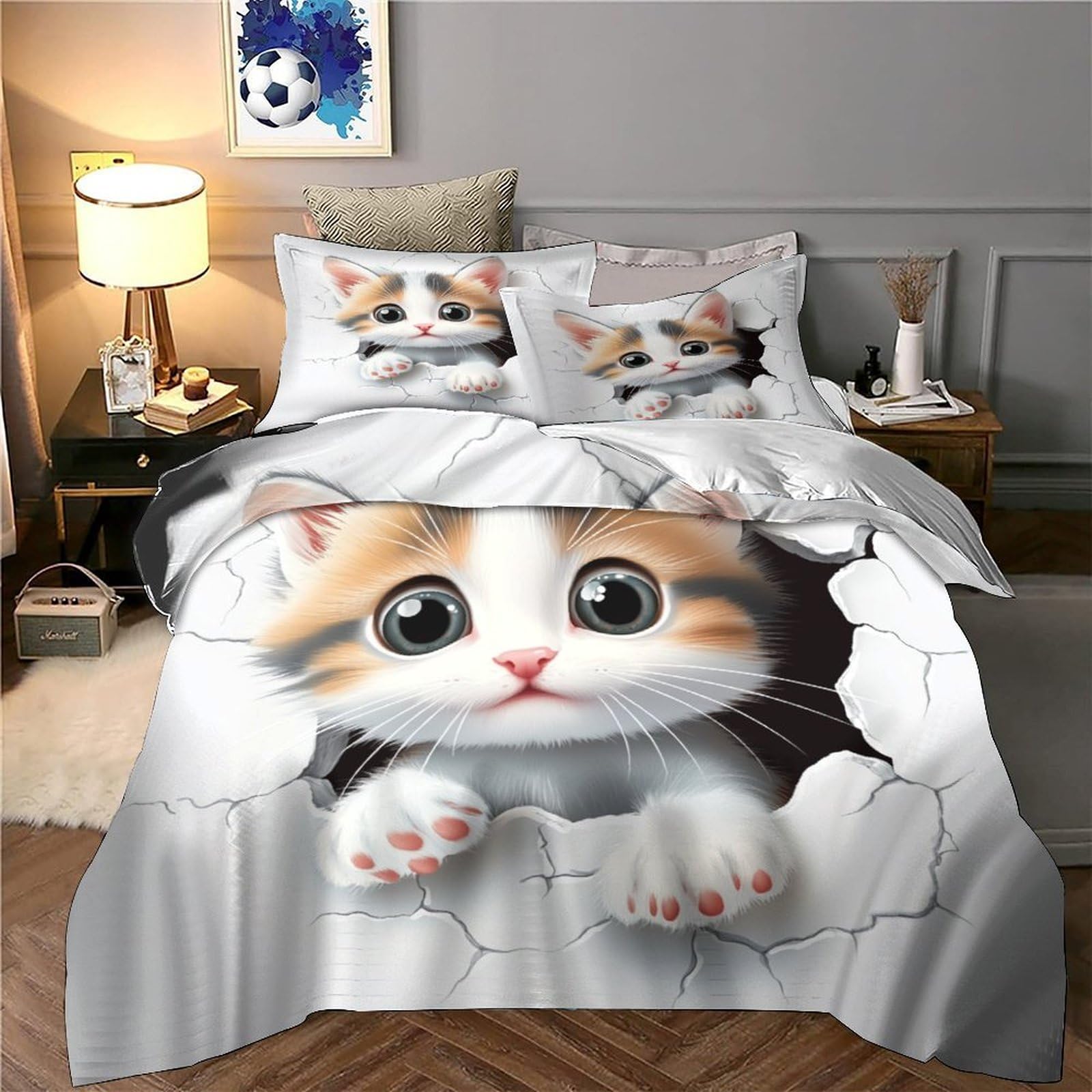Gattino carino che sbircia 3D Stampa Coperta Letto 3pz Microfibra Antimacchia Fumetto digitale Coperteletto 2 federe Resistente Sbiadimento Adulti Coppie Super king（260x220cm）