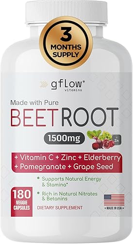 gflow vitamins Raíz de remolacha extra fuerte, totalmente natural con vitamina C y zinc, apoya la salud cardíaca y la resistencia, sin OMG, 180