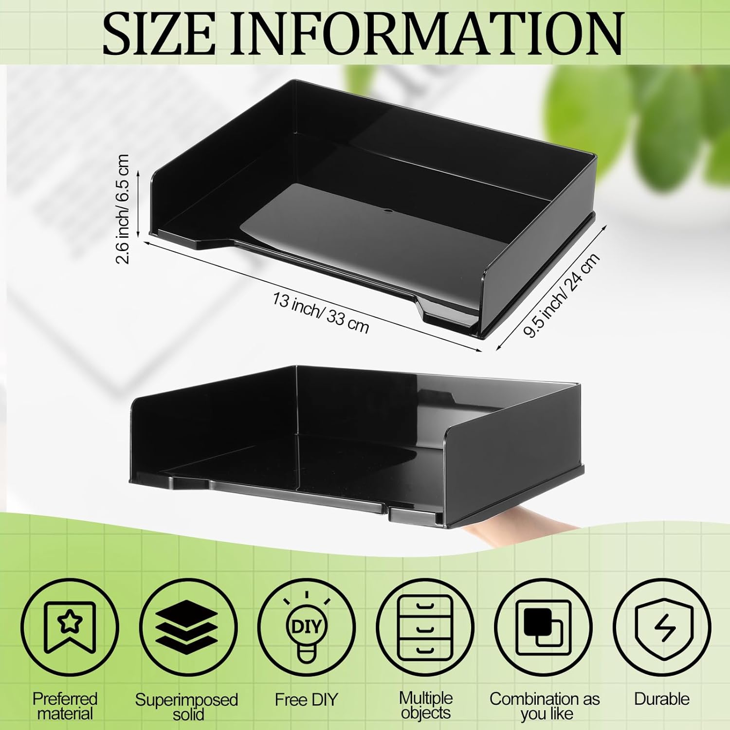 DoubleFill 2 Pcs Stackable Letter Tray Rectangular Plastic Desk Organizer 13 x 9.5 x 2.6 in Paper Holder File Tray Accessories Rack for Desktop Office Desk Drawers (Black)