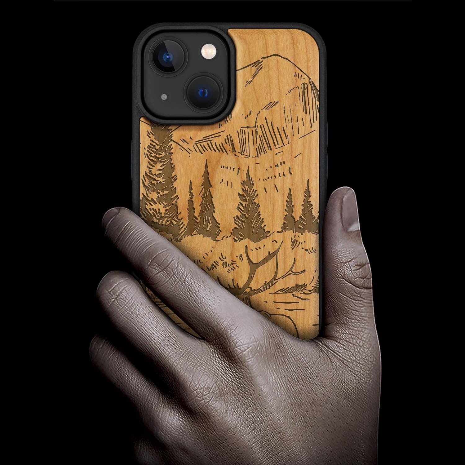 Carveit Magnetic Wooden Case for iPhone 15 Case, Compatible with MagSafe Wireless Chargers, Black Soft TPU Shockproof Cover & Wood Artisan Engraved (Mountains and Deer) - Cherry