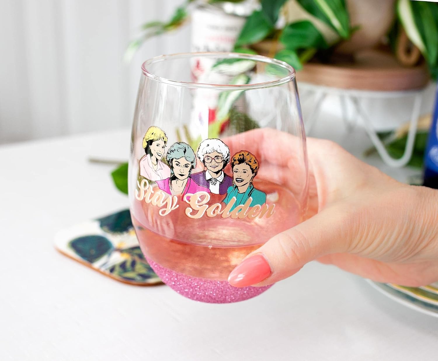 Silver Buffalo The Golden Girls Stay Golden Teardrop Stemless Wine Glass With Dipped Bottom | Tumbler Cup For Mimosas, Cocktails | Home Barware For Liquor, Kitchen Decor, Cute Gifts | Holds 20 Ounces