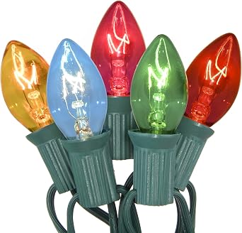 SUNSGNE 25Ft Multicolor Christmas Lights, C7 Incandescent Christmas Light with 27 Clear Vintage Outdoor Colorful Lights 2 Spare for Holiday Prom Party Wedding Decor, Green Wire