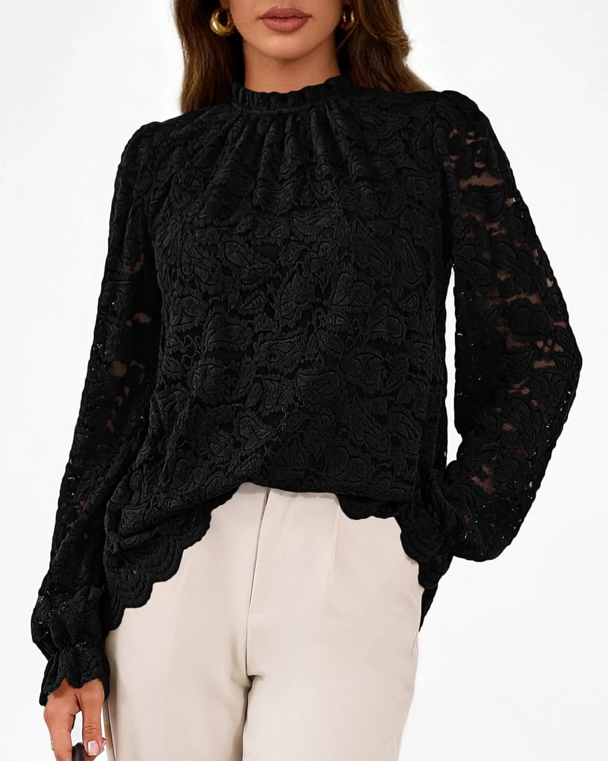 KIRUNDO Blouses for Women Dressy Casual Lace Long Sleeve Tops Mock Neck Ruffle Hem Shirts Fall Fashion Clothes - Image 4