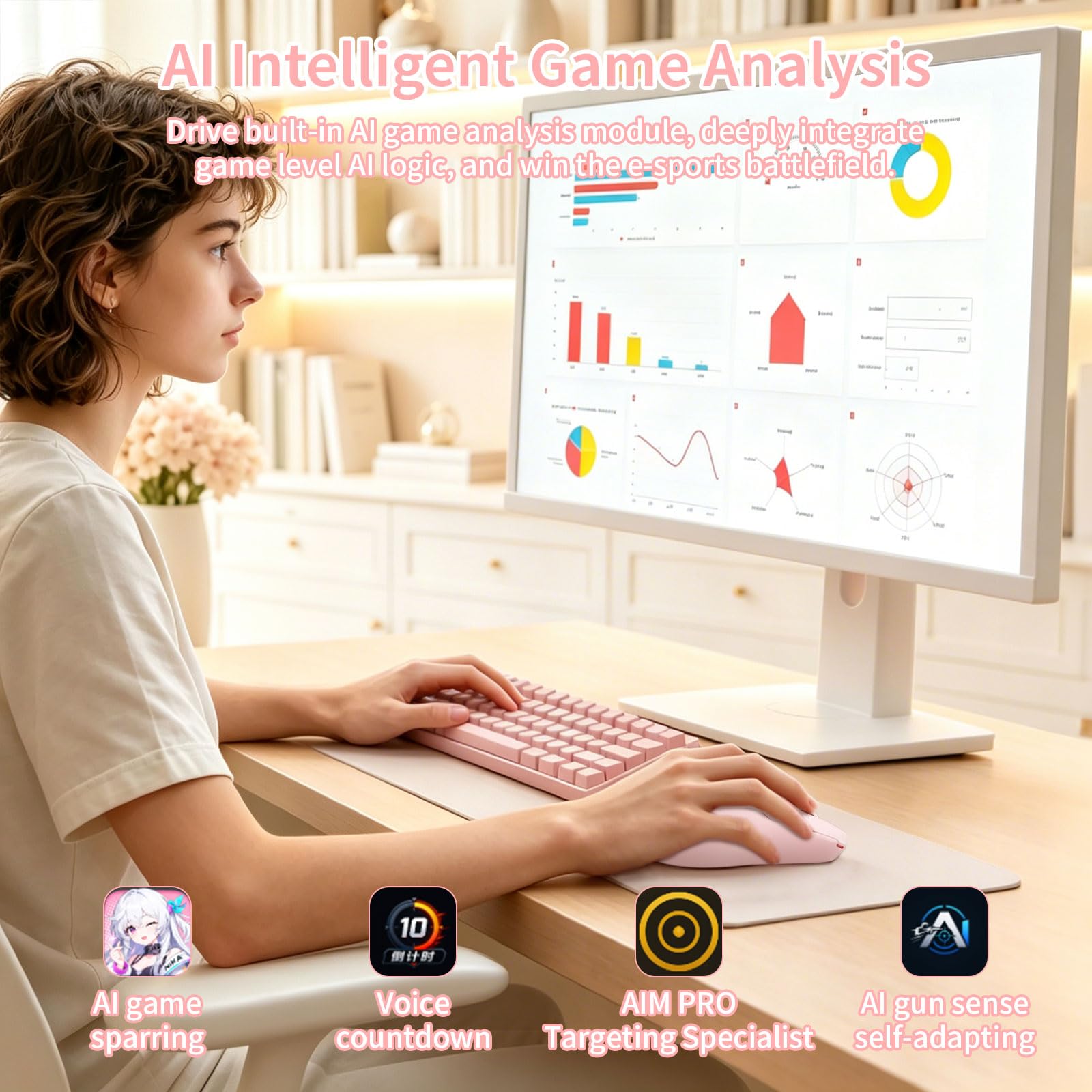 A.JAZZ AJ200P Bezprzewodowa Mysz Obsługuje AI Prompt & RGB Stację Dokującą | Mysz komputerowa BT/2,4G/Przewodowa, lekka, z funkcją AI Voice Typing, sensorem PAW3311, 24K DPI, 1000Hz biura/gier - Różowa