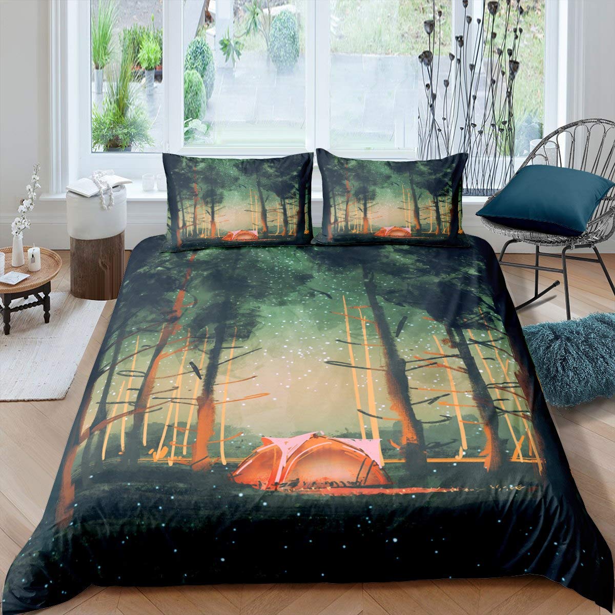 Zestaw pościeli z motywem letniej nocy, błyszczące gwiazdki, zestaw pościeli 155 x 220 cm, różowy namiot, styl kempingowy, zestaw dla dzieci, chłopców, dziewcząt, nastolatków, 2 szt., zamek
