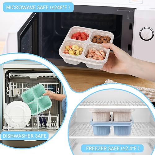 Miniatura 5 de buluker Paquete de 8 recipientes Bento para aperitivos, 4 compartimentos, recipientes de almacenamiento de alimentos de paja de trigo, caja de