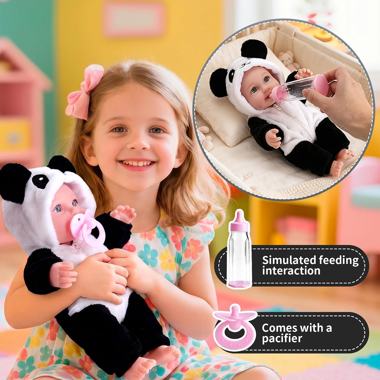 12 Inch Baby Doll with Panda Sleeping Bag, Bottle & Pacifier | Realistic Baby dolls Toddler Doll for 3+ Year Olds Girls – Pretend Play Gift Set