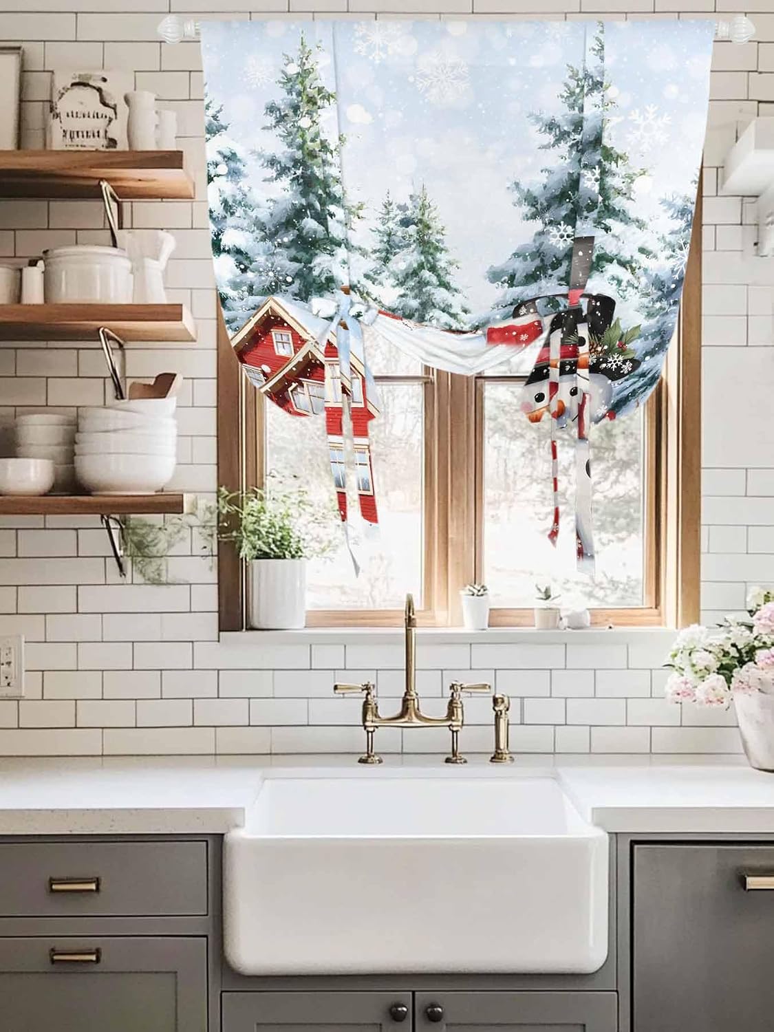 Farmhouse Snowman Tie Up Curtains for Kitchen Bathroom Bedroom Windows 54 Inch Length, Balloon Drape Curtains Shade Rod Pocket Drapery Curtain Christmas Cabin Pine Tree 1 Panel, 42"x63"