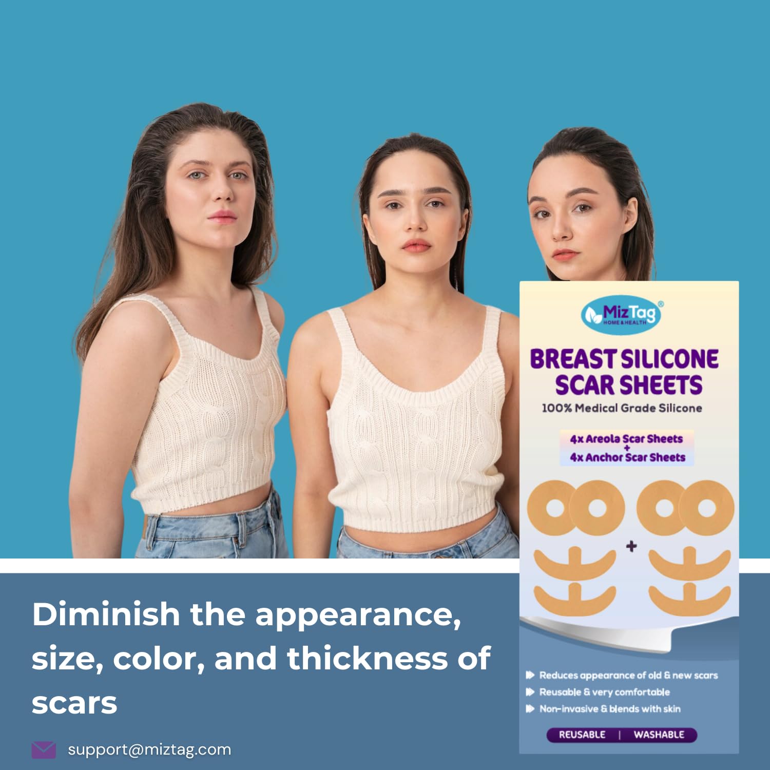 Breast Augmentation Post Op Essentials • 8-Piece Silicone Scar Sheet Kit for Post-Op Implant Scar Healing • Medical-Grade Reusable Strips • 8 Sheets • by Miztag | reusable and fits any incision.