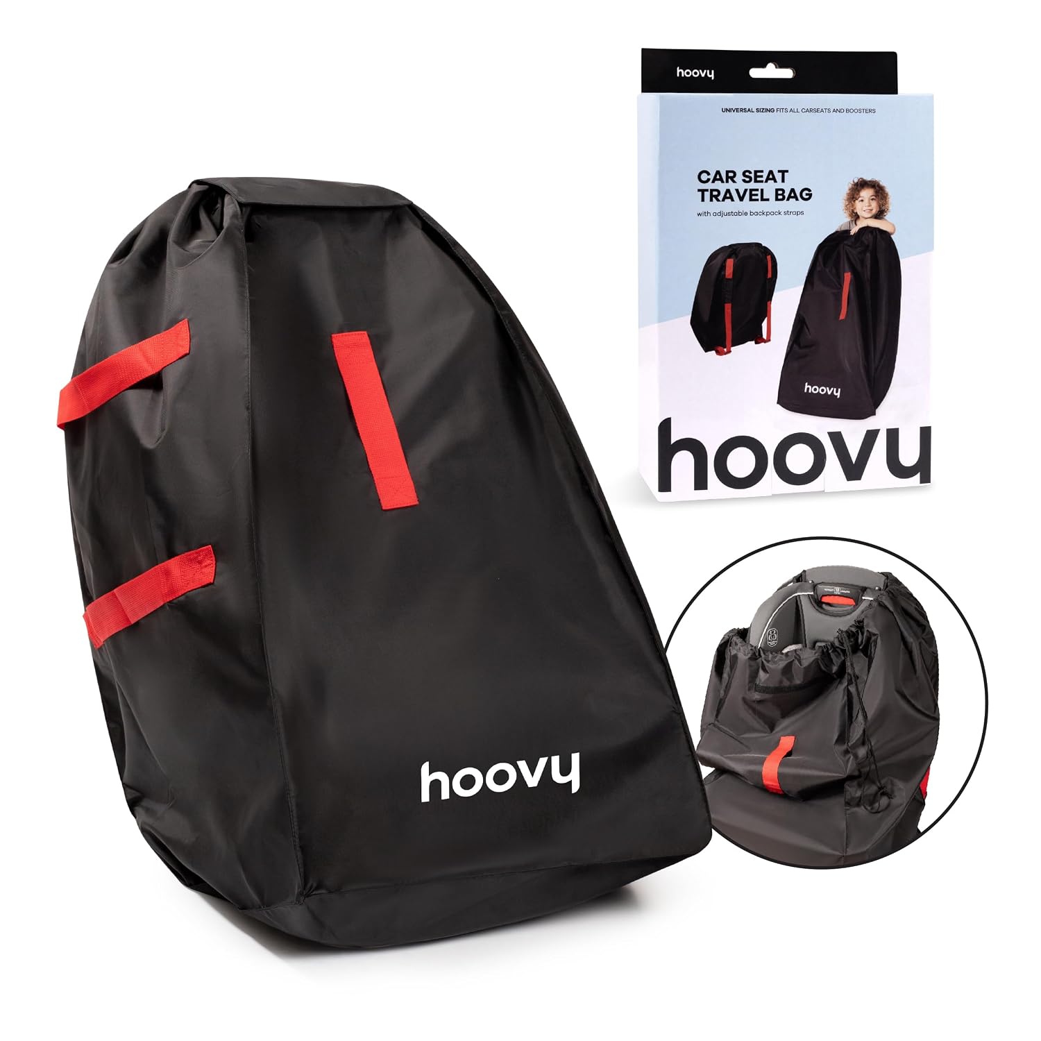 Hoovy Car Seat Travel Bag, Universal Gate Check Backpack with Adjustable Straps, Water-Resistant, Lightweight, Black