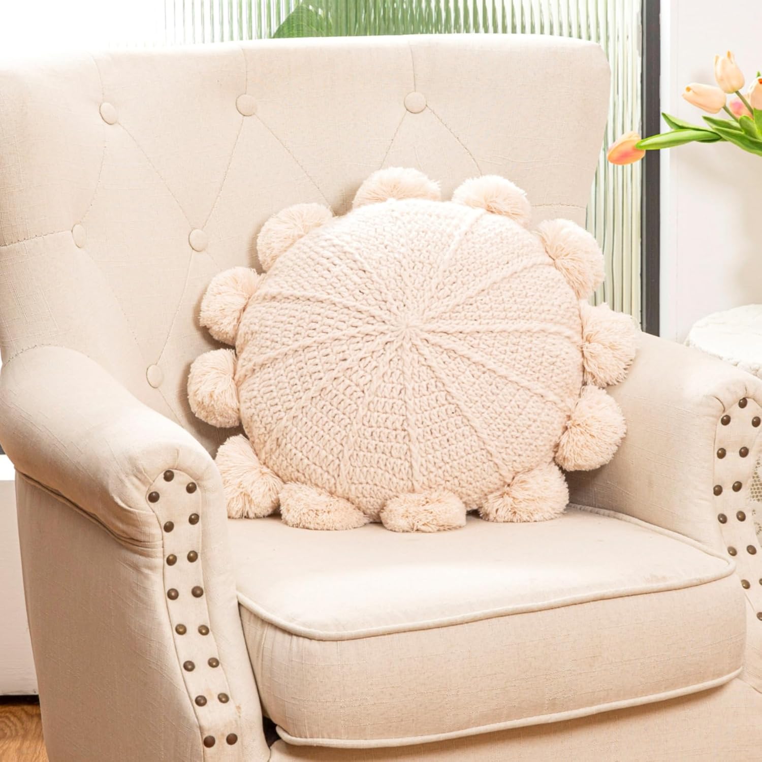 Knitted Throw Pillow Round Bohemian Round Pillow Decorative Pillow with Pom Pom (Beige, 18inch)
