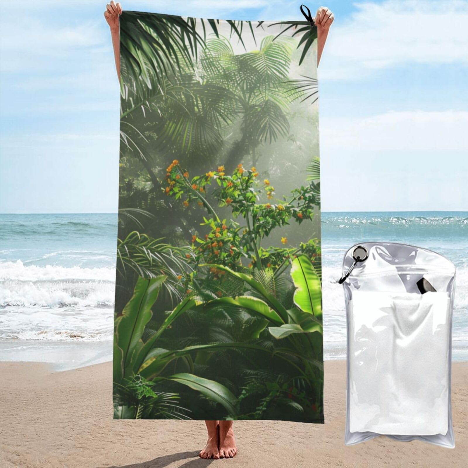 kkvhhyuo Microfiber Beach Towel, flowers in Tropical Rainforest Printed Lightweight Quick Dry Travel Bath Sheet with Compact Carry Bag for Swimming Yoga Camping Gym,31.5"x63"