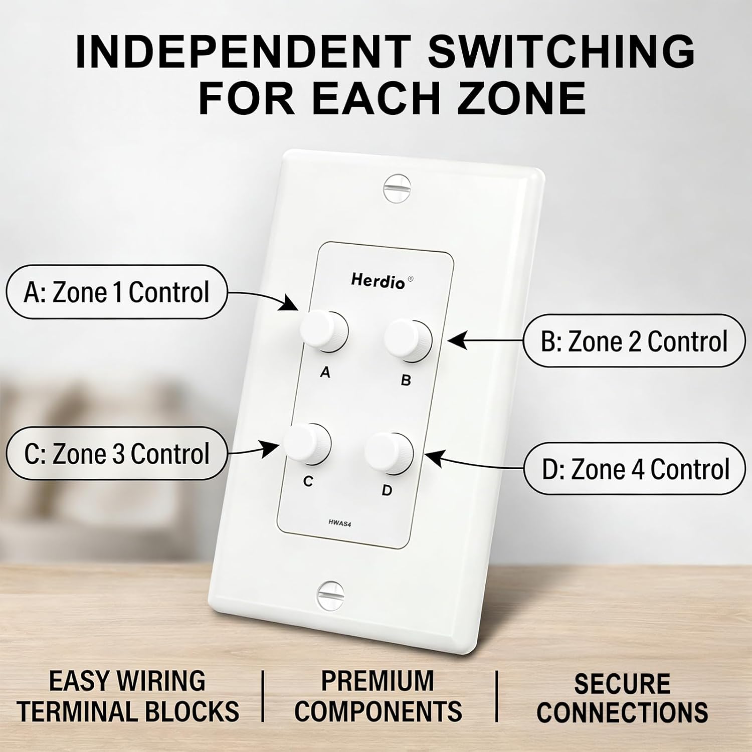 Herdio in-Wall Speaker Selector Switch - 4 Channel Home Audio Speakers Controller for Pair of Speakers - Support 120W Peak Power Per Channel