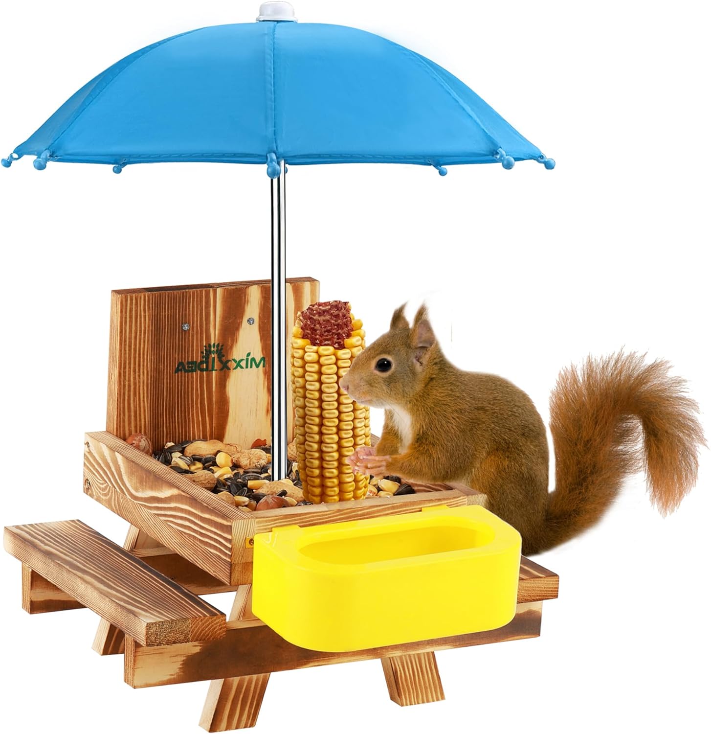 MIXXIDEA Wooden Squirrel Feeder Table with Water Bowl, Squirrel Picnic Table for Outside with Umbrella, Brown Squirrel Feeder with Corn Cob Holder Cute Chipmunk Feeder (Brown)