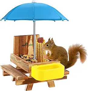 MIXXIDEA Wooden Squirrel Feeder Table with Water Bowl, Squirrel Picnic Table for Outside with Umbrella, Brown Squirrel Feeder with Corn Cob Holder Cute Chipmunk Feeder (Blue)