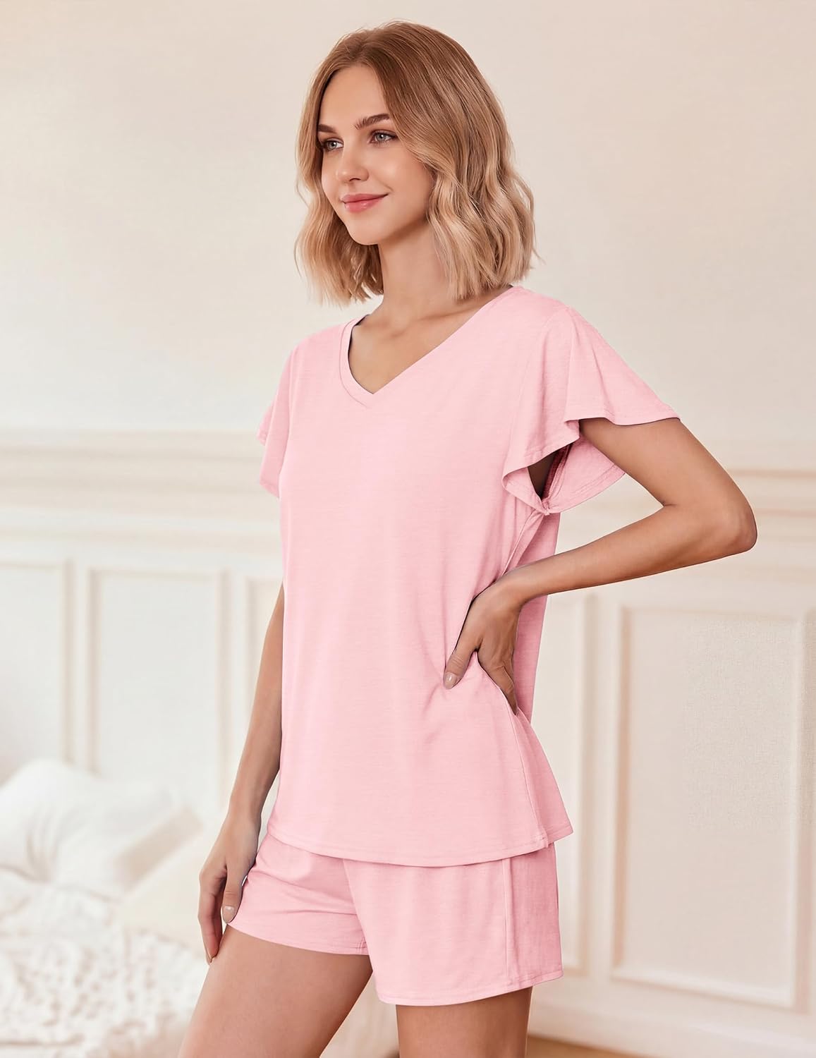 Ekouaer Pajamas Set Women Casual Ruffle Sleeves Soft Comfy Loungewear Set with Pockets