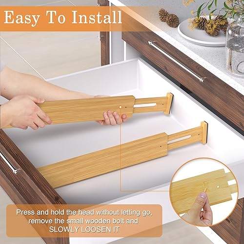 Miniatura 6 de Separadores de cajones de bambú, organizador de cajones de cocina ajustable de 17 a 22 pulgadas para ropa, paquete de 4 separadores de organización