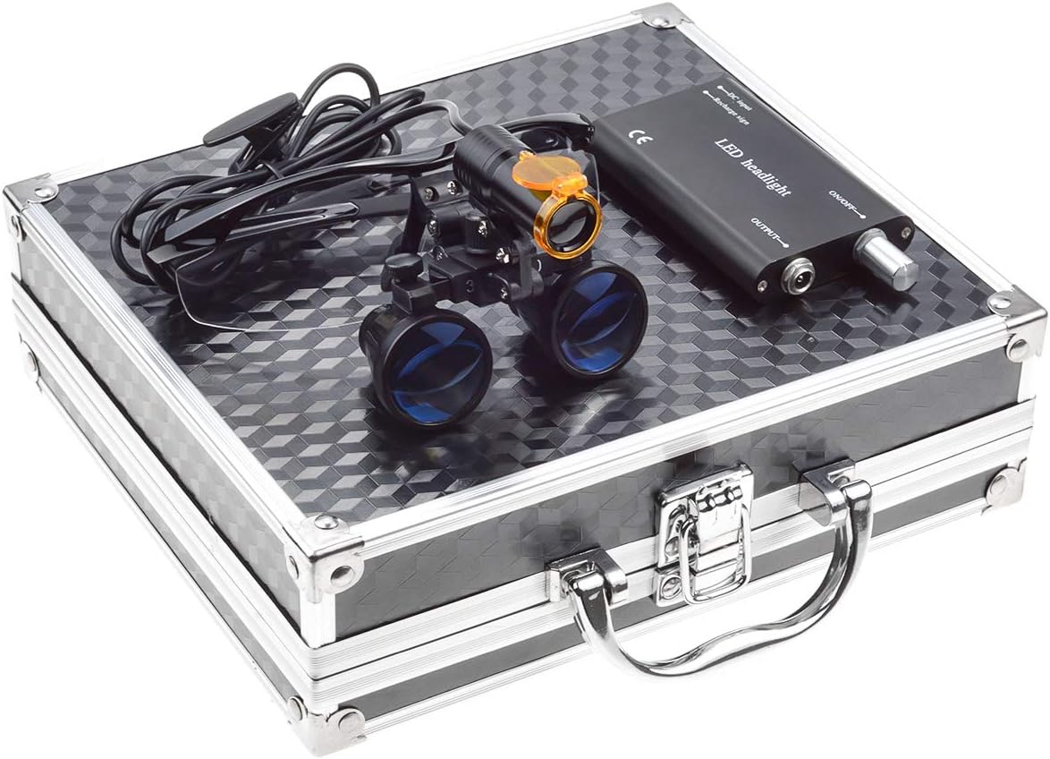 3.5X Binocular Loupes Magnifying Glasses + 5W Magnifying Lamp LED Headlamp with Filter Aluminum Box Black