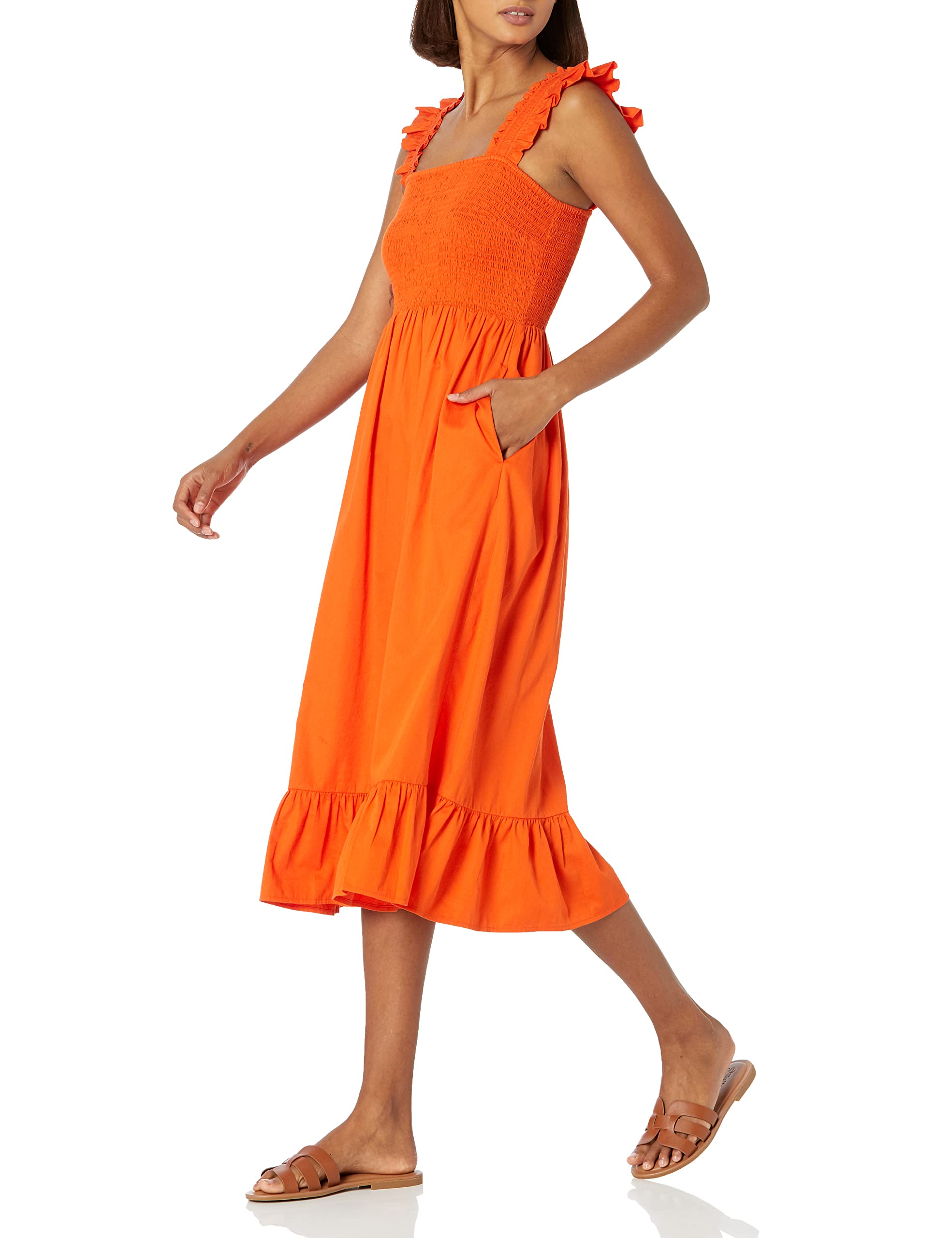 The Drop Womens Kimi Ruffled Shoulder Smocked Midi Dress: 5X Fire Orange