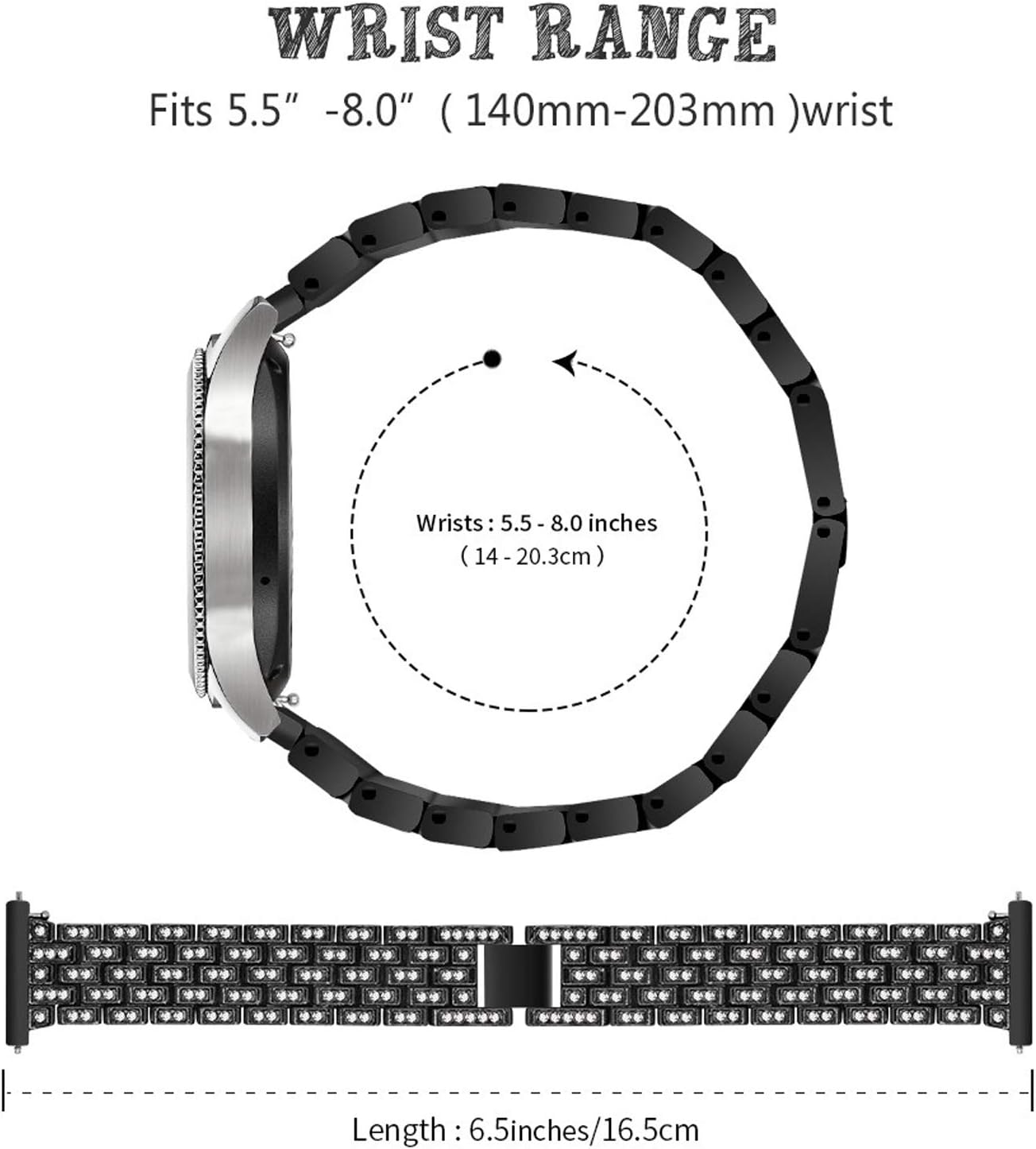 Galaxy Watch 3 41mm Bands, 5.5"-8.0" Replacement Bands 20mm Stainless Steel Jewelry Bracelet with Bling Bezel Compatible for Galaxy Watch 42mm/Active 40mm/Active2 40mm 44mm/Gear S2, Black