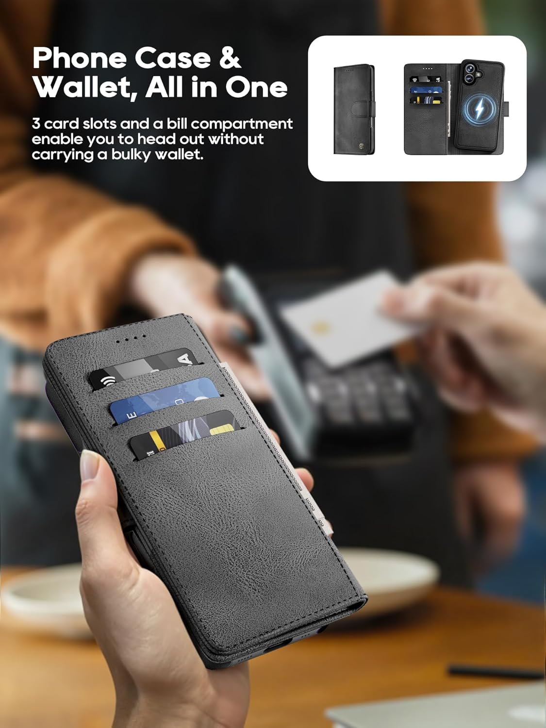 Compatible with iPhone 16 Wallet Case with Card Holder, 2 in 1 Magnetic Detachable & Wireless Charging Support, PU Leather Flip Phone Cover with RFID Blocking (Black)