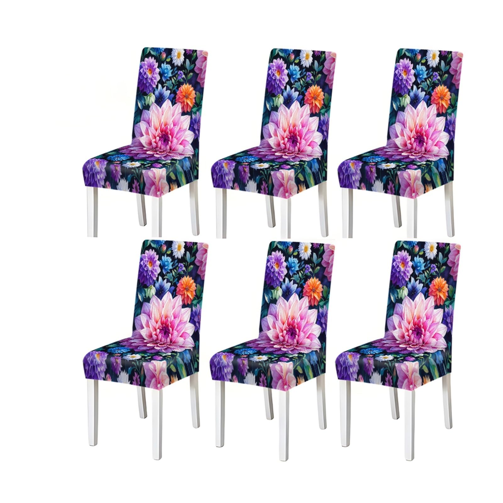 FZJKGH Watercolor Colorful Dahlia Floral Pattern Print Dining Chair Covers Set Of 2/4/6, Stretch Slipcovers For Kitchen Dining Room Removable Stretch Slipcovers for Dining Chairs(6PCSChair cover)