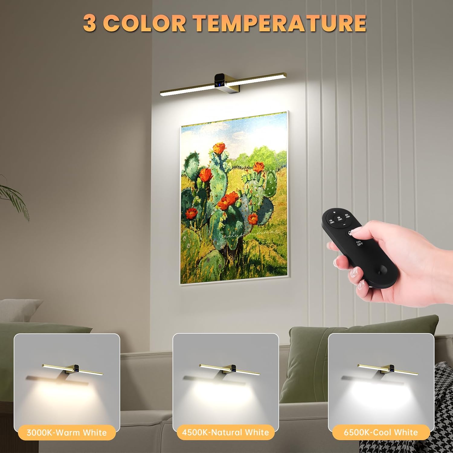 Lightbiz L900 Picture Light showing 3 color temperature options