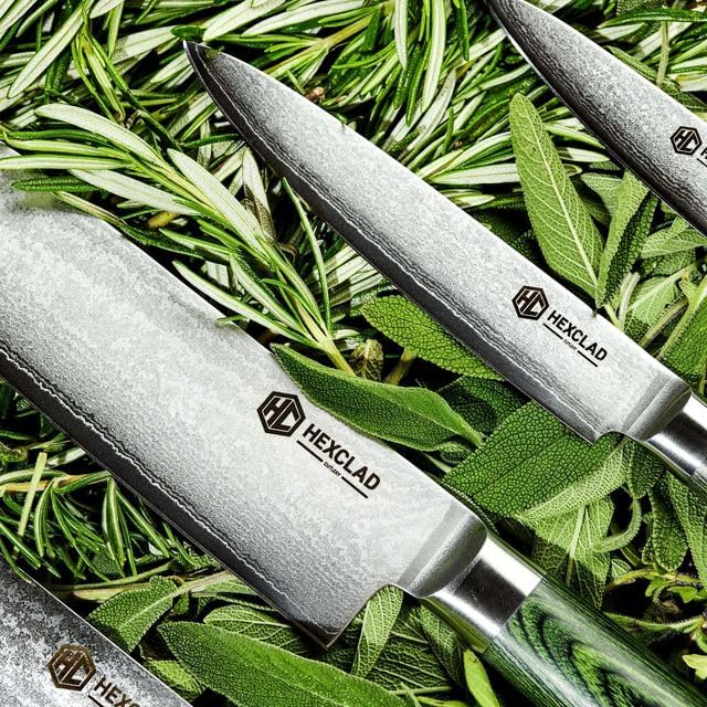 HexClad Essential Knife Set, 6-Piece, Japanese Damascus Stainless Steel Blades, Full Tang Construction, Pakkawood Handles Green 6-Piece Essential Knife Set
