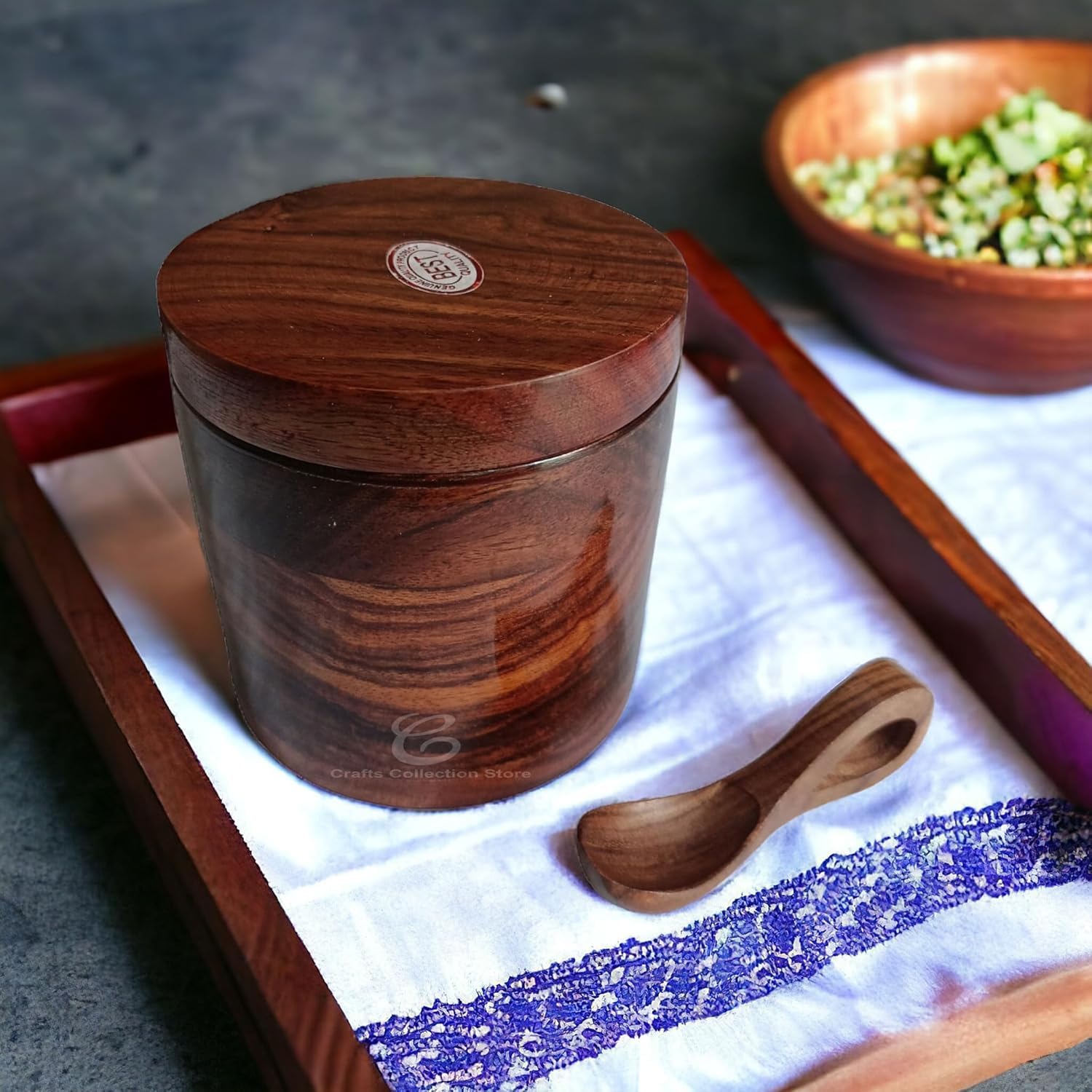 Crafts Collection Store Wooden Salt Box with Lid and Spoon, Brown, Sheesham Wood, Round, 400 ML