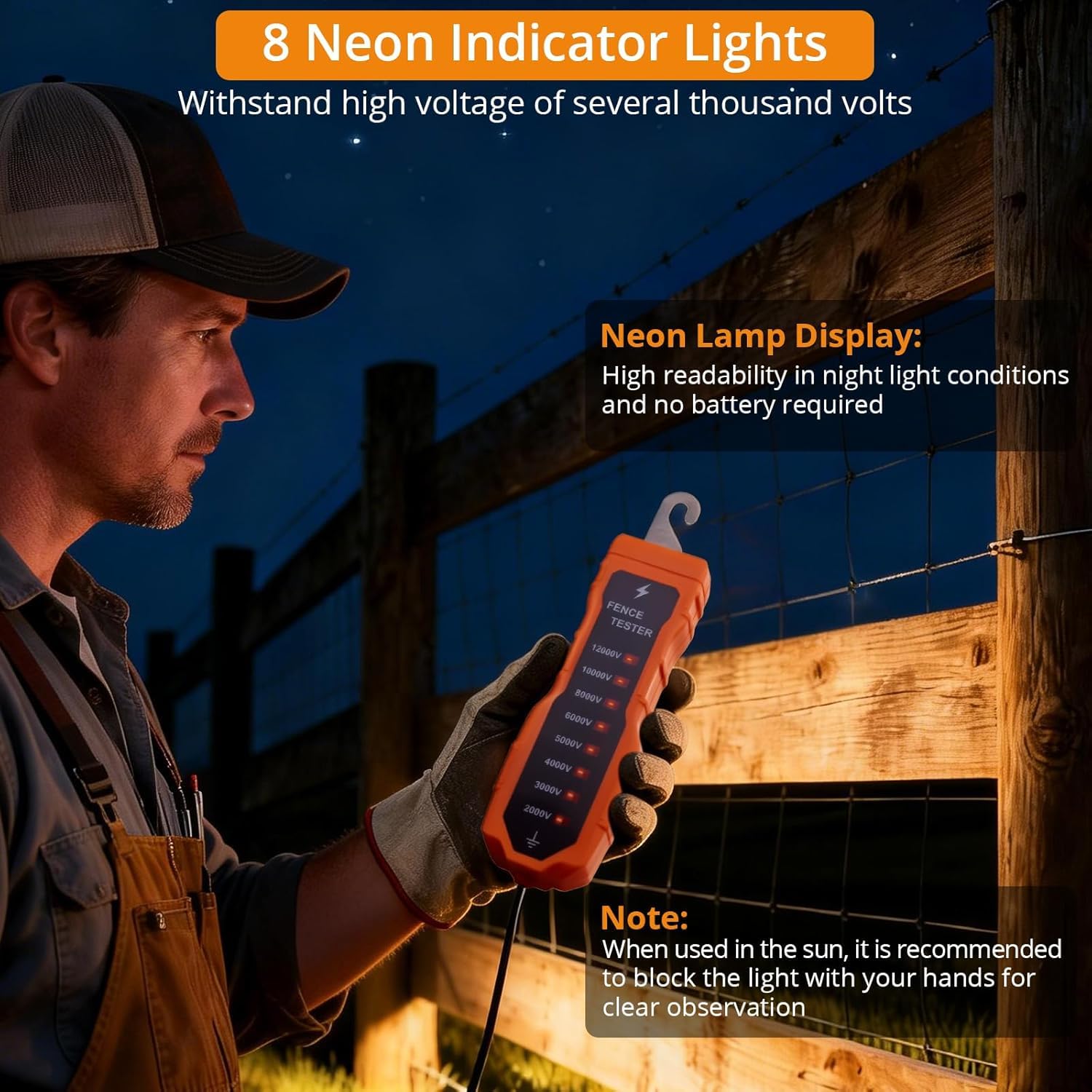 Neoteck 2000-12000V Electric Fence Voltage Tester Fence Fault Finder with 8 Neon Indicator Lights Portable Fence Tester Suitable for Troubleshoot Faults of Ranch and Farm Fences