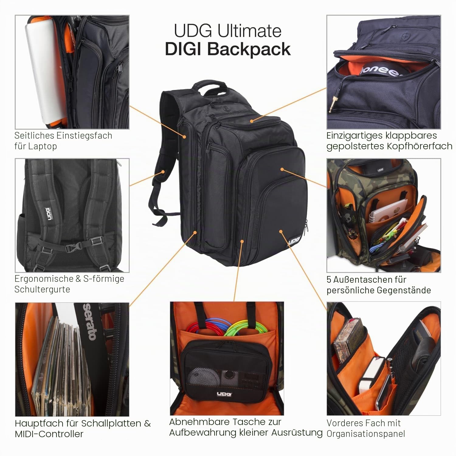 UDG Gear Unisex U9101blor Tasche, Noir Intérieur Orange, 1 EU | Schlanker DJ-Rucksack für Laptop-DJs; wasserabweisendes Nylon, gepolsterte Controller-Tasche