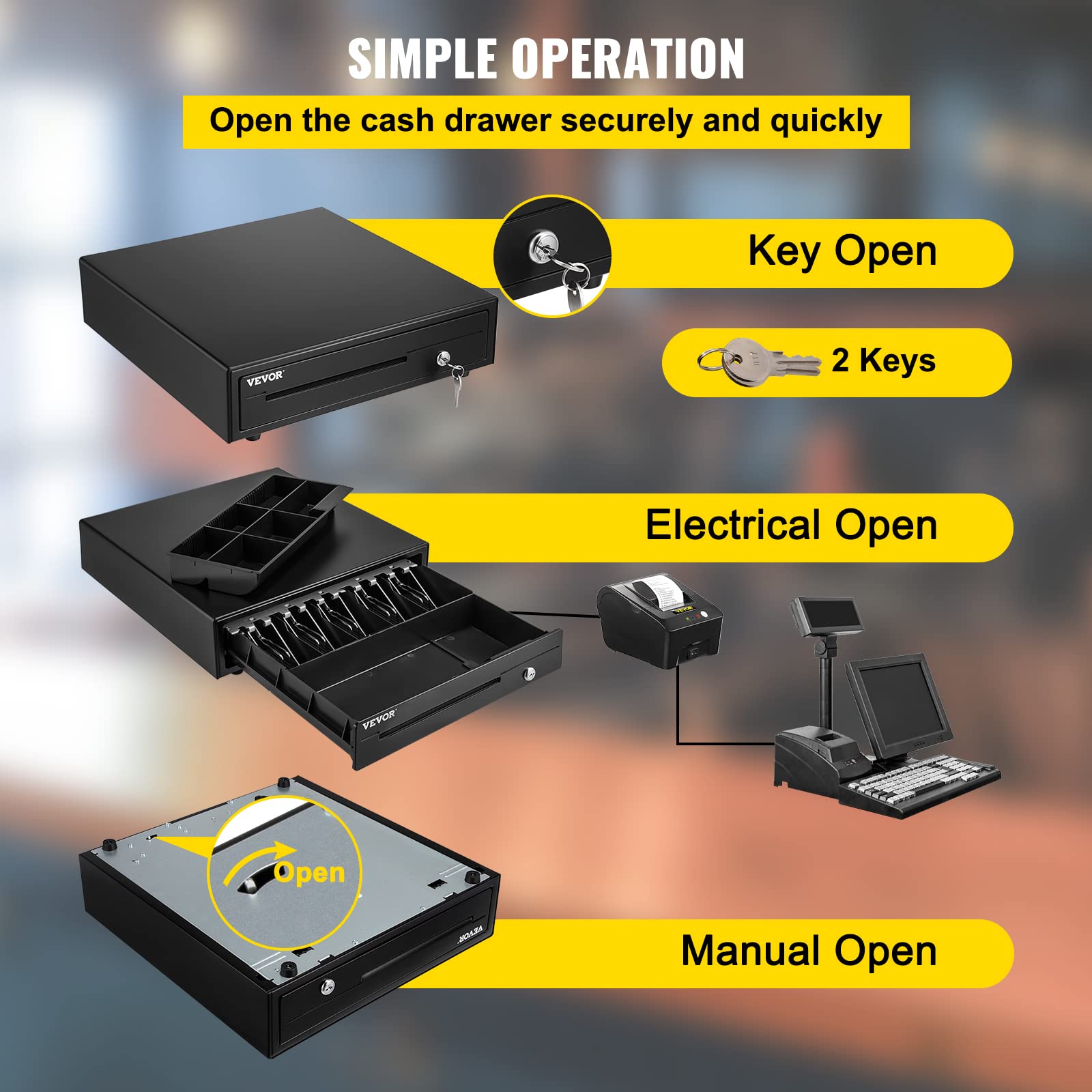 VEVOR Cassetto per Registratore di Cassa, Cassetto Portasoldi Apertura Automatico con 3 Metodi di Sblocco, Cassetta Portavalori con 5 Scomparti per Banconote e 6 per Monete, 41 x 42 x 10 cm (Nero)
