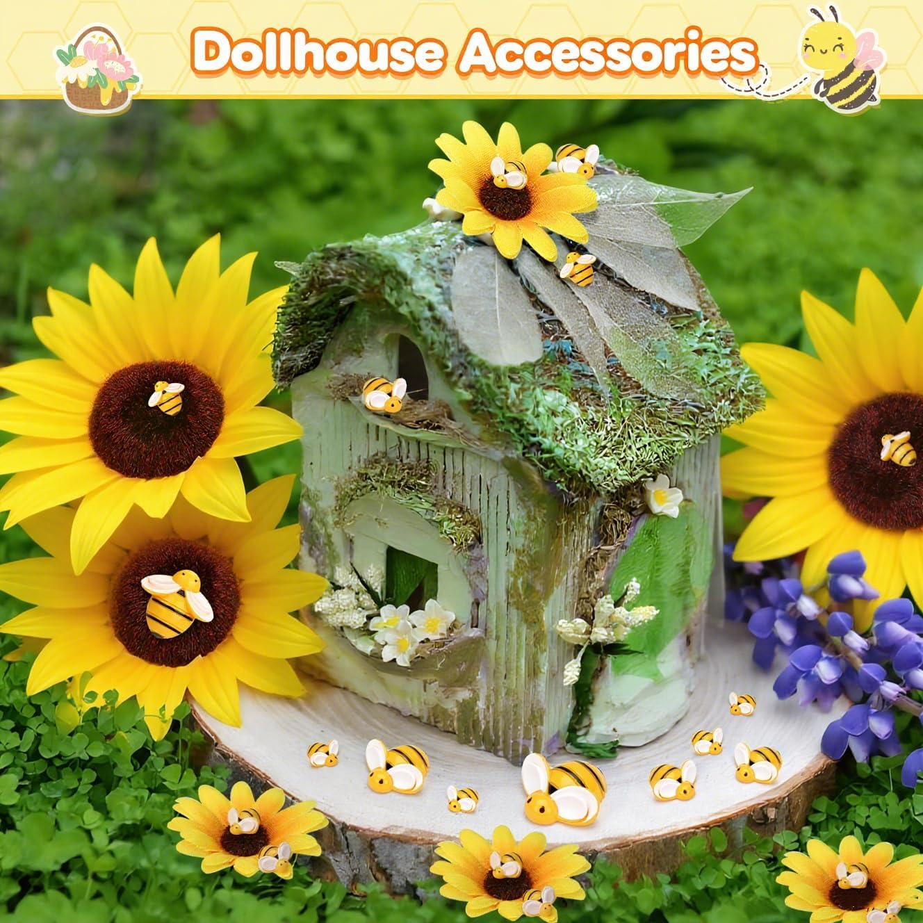 Naler 100 Pcs Mini Resin Bees & 10 Pcs Fake Flowers Kit for Crafts image 4