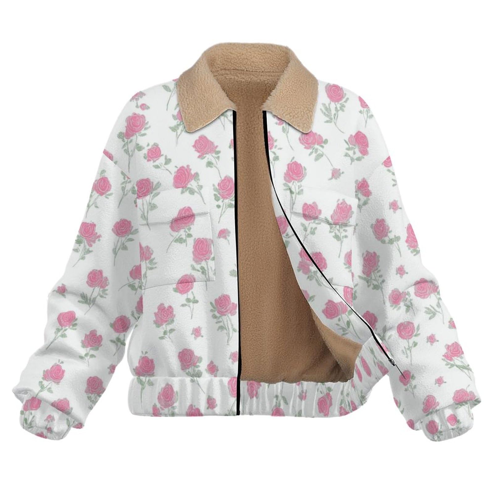 Donna Pile Stampa Illustrazione retrò Caldo con Cerniera, Giacca da Camera Invernale Corta Pile Giacche, Piccola Rosa Cappotto In Peluche Sherpa Giubbotto Fleece Comoda