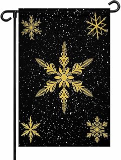 Christmas Yellow Snowflakes on Black Garden Flags 28x40 Inch Double Sided Welcome Yard Flags for Outdoor Decor Winter Snow Scene Yard Outside Seasonal Decoration