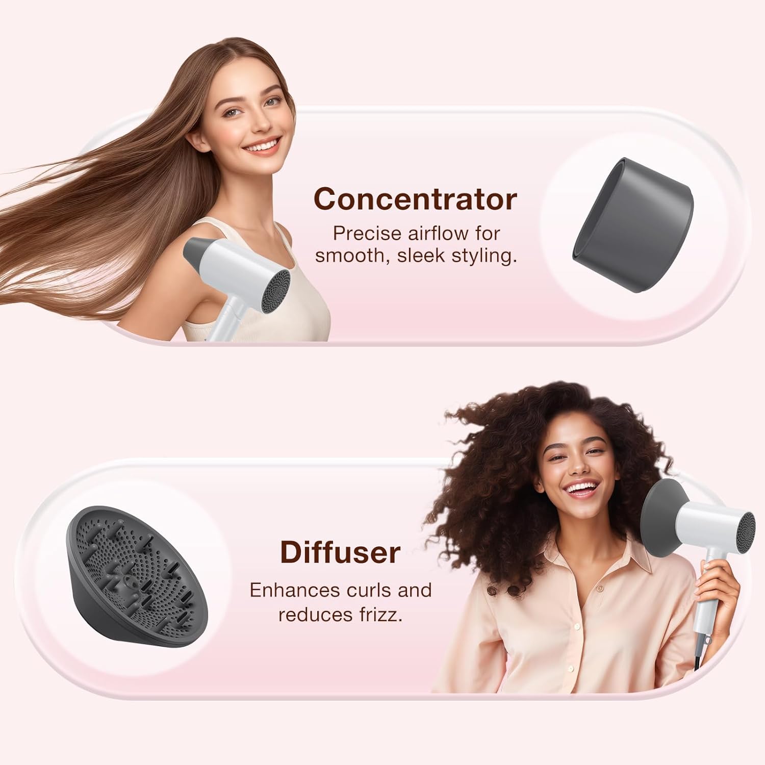Blow Dryer with Diffuser, 1875W Fast-Drying, Foldable, Ionic Turbo Hair Dryer with Diffuser & Concentrator Nozzle, Compact, 3 Heat & 2 Speed Settings, 8FT Cord for Home Salon, White - Image 5