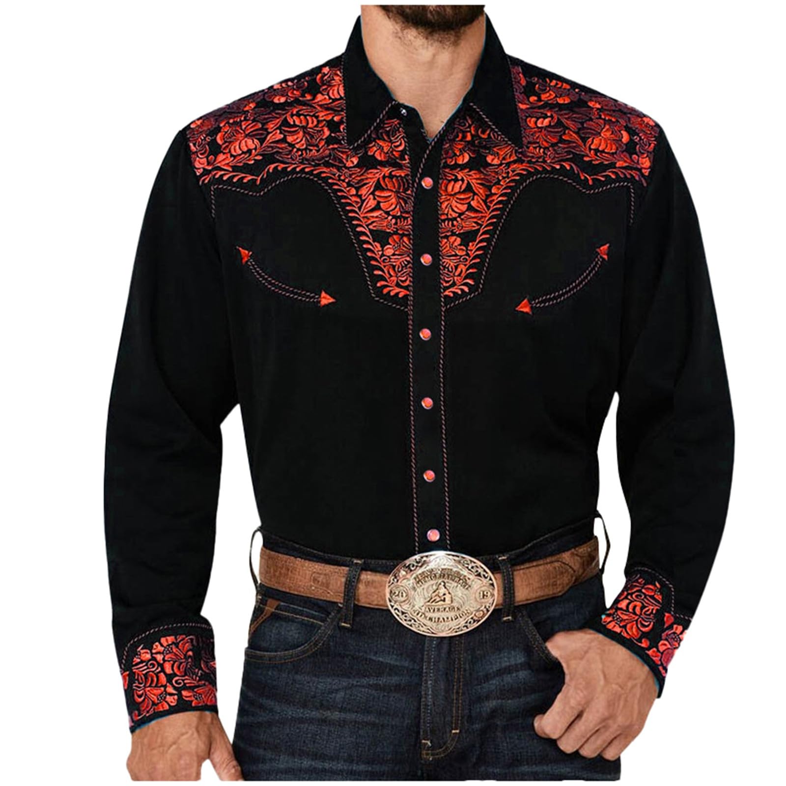 Mymyguoe Vintage Cowboy Shirt Men's Western Embroidered Print Western Shirt Retro Traditional Casual Shirt Western Cowboy Shirt Cowboy Costume Long Sleeve Button Party Shirts Hippie Shirt, s02 brick — image 1
