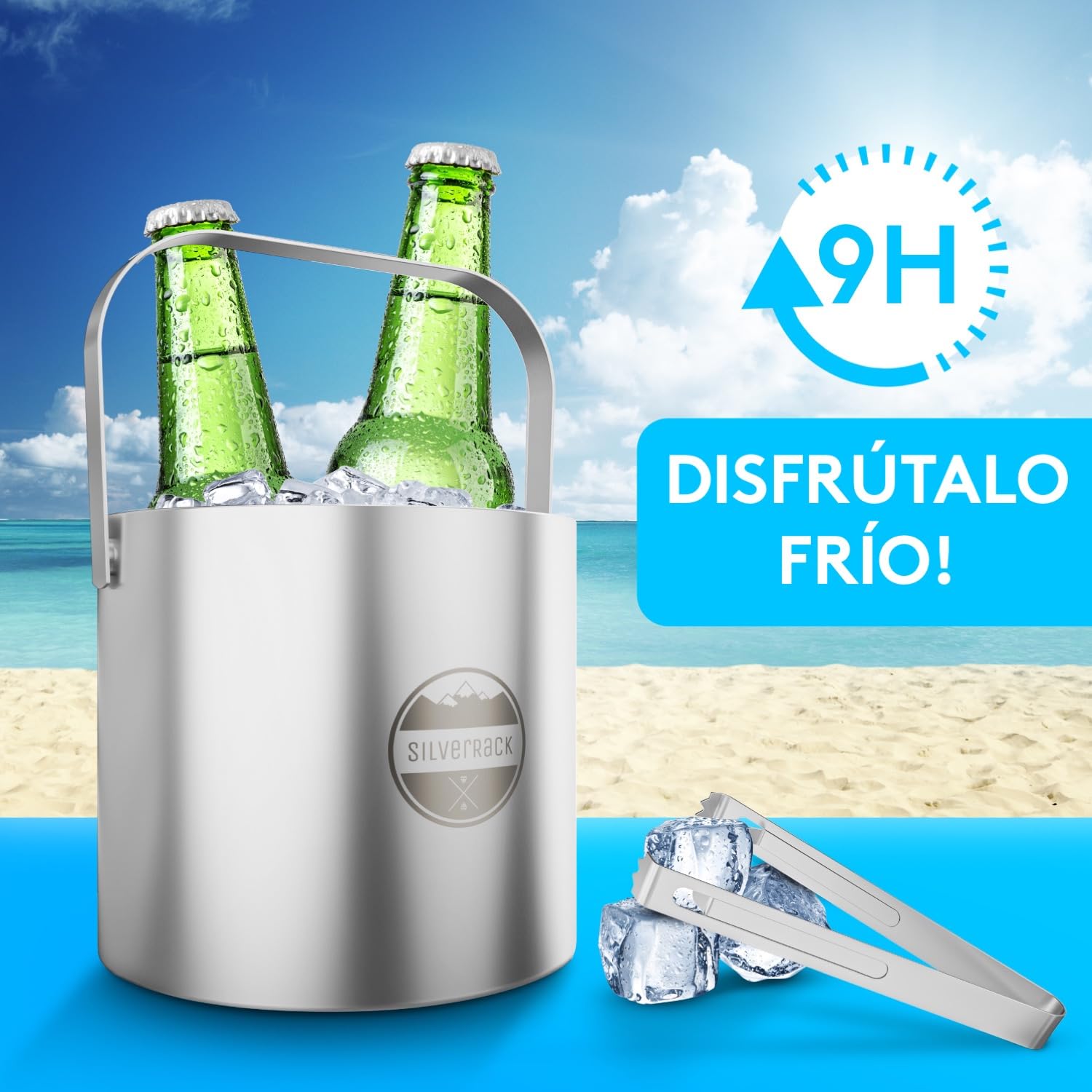 SilverRack Cubitera de acero inoxidable con pinzas y tapa (1,3 l) – Contenedor de hielo para cubitos de hielo y frutas, ideal para fiestas y bodas – Cubitera de hielo