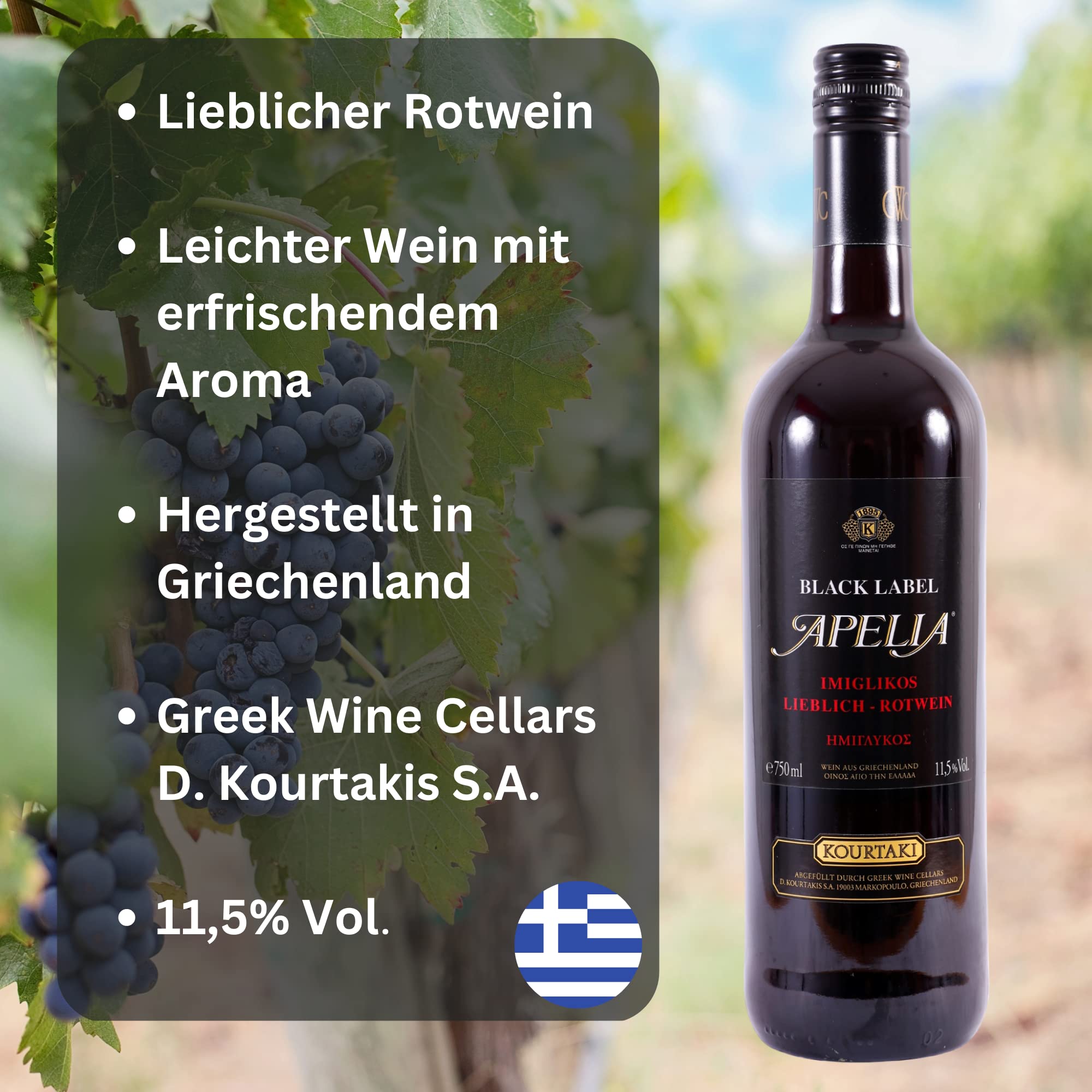 Imiglykos Apelia Black Label 6x 0,75l | Lieblicher Rotwein | Imiglykos | 11,5% Vol. | Kourtaki | + 20ml Jassas Olivenöl