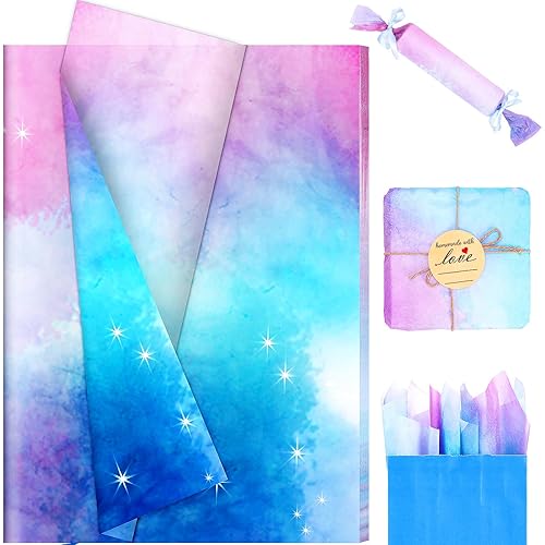 60 Sheets Christmas Pink Blue Gradient Tissue Paper, 20x14in Gradient Turquoise Color Art Wrapping Paper for Xmas Birthday Baby Shower Wedding Party Decor