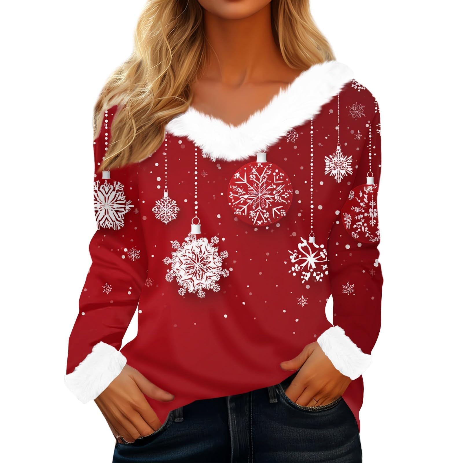 Ladies Festive Top V Neck Faux Fur Trim Long Sleeve Christmas Shirt,Red,XL