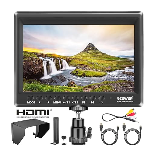 Neewer F100 7-inch 1280x800 IPS Screen Camera Field Monitor with 1 Mini HDMI Cable for BMPCC,AV Cable for FPV, 16:10 or 4:3 Adjustable Display Ratio for DSLR and Camcorder(Battery NOT Included)