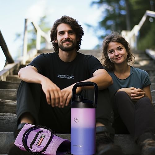 Miniatura 8 de NATURE PIONEOR Botellas de agua aisladas con pajilla, botella de agua de acero inoxidable de 64 onzas de boca ancha al vacío con soporte,