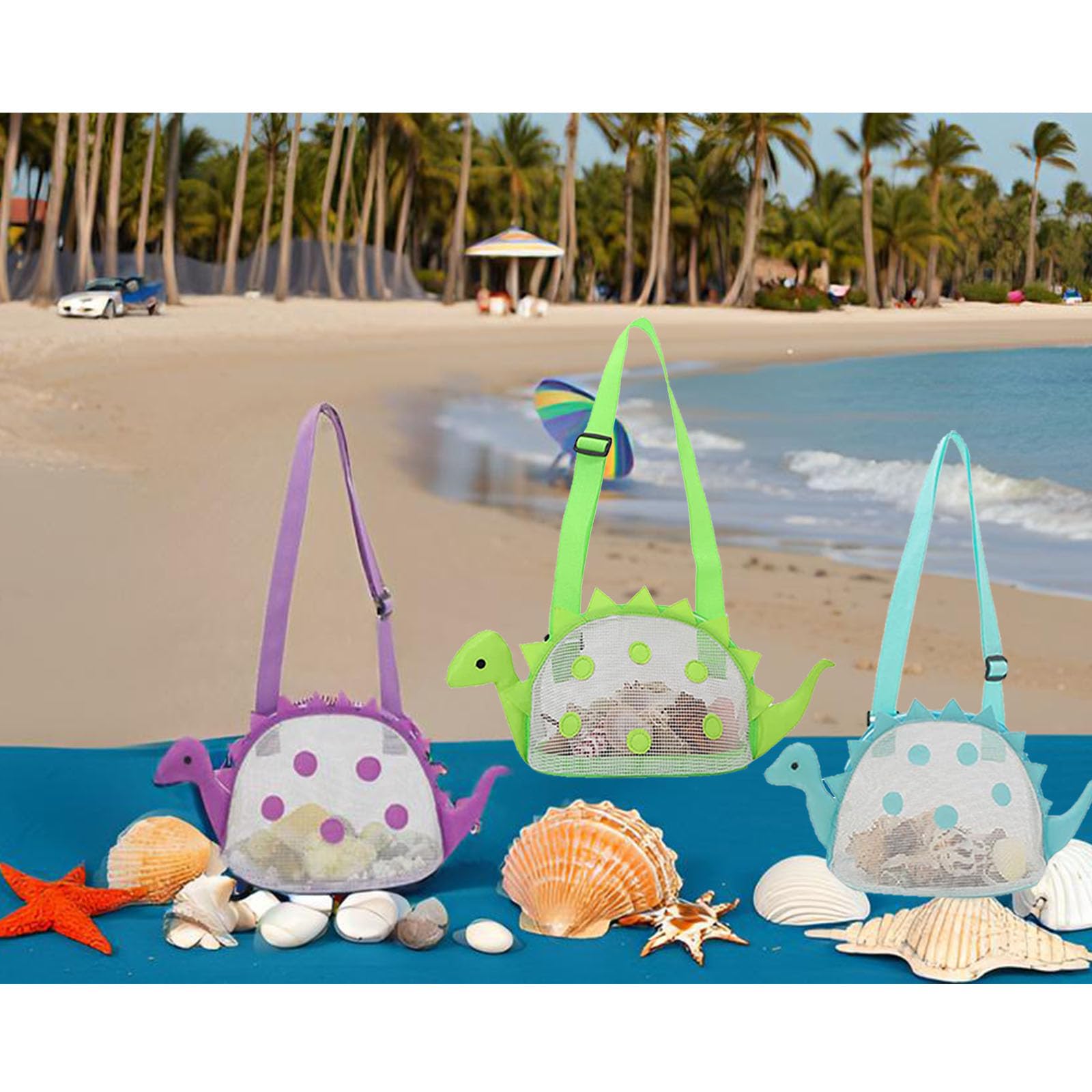 AUON Bolsa de playa de malla para niños, bolsa de conchas de dinosaurio, playa, arena, juguetes para sostener conchas, juguetes de playa, juguetes de arena, accesorios de natación para niños y niñas