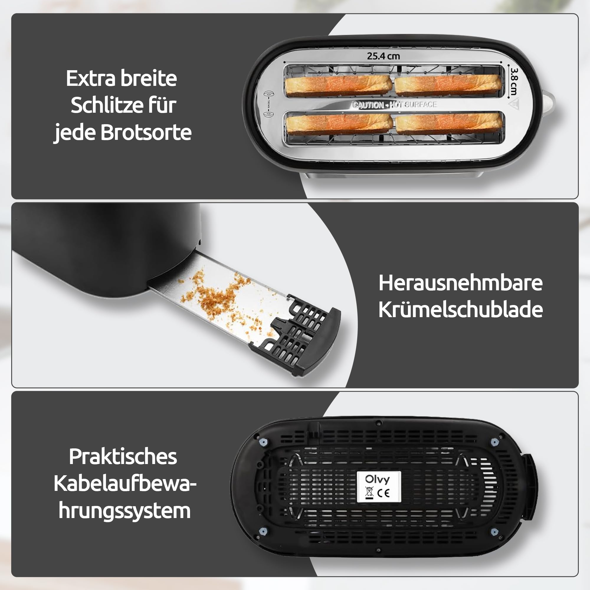 Olvy Premium Toaster mit LCD-Display & Timer – Extra Breite Schlitze (Auftauen/Aufwärmen) – 6 Programs – Black – 1500W