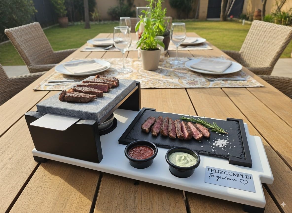 Piedra Volcánica Piedrasar para Asar Carne- con Plato de Pizarra para presentación de Alimentos-Apta para Calentar en Horno, Fuego Directo, vitro y Barbacoa- con Quemador de Alcohol y Dos salseros