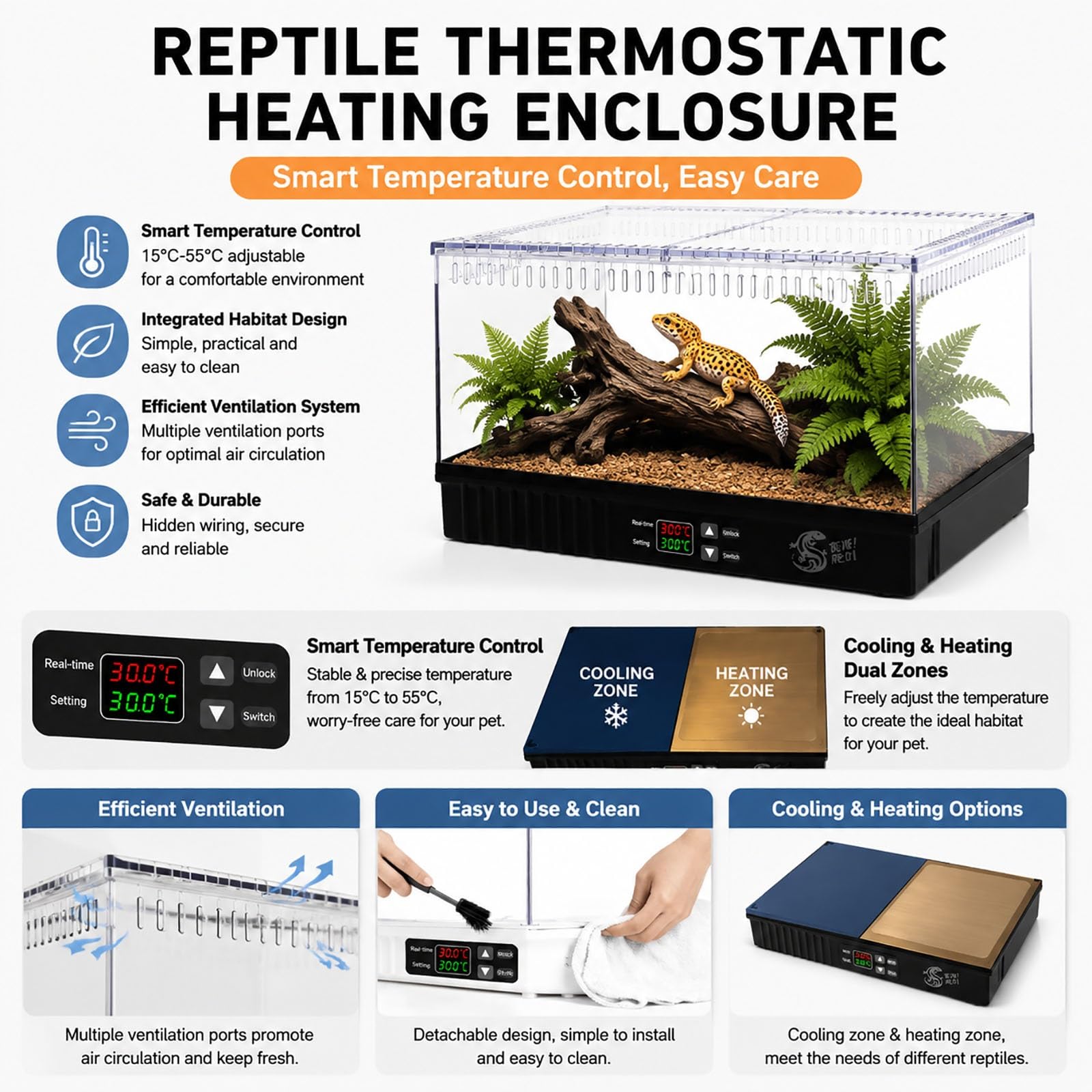 Terrario de Reptiles con Termostato Inteligente, Vivario de Doble Zona con Calefacción y Enfriamiento, Hábitat Transparente de Vista Completa, Temperatura Ajustable 15℃-55℃ para Gecko Leopardo(Black)