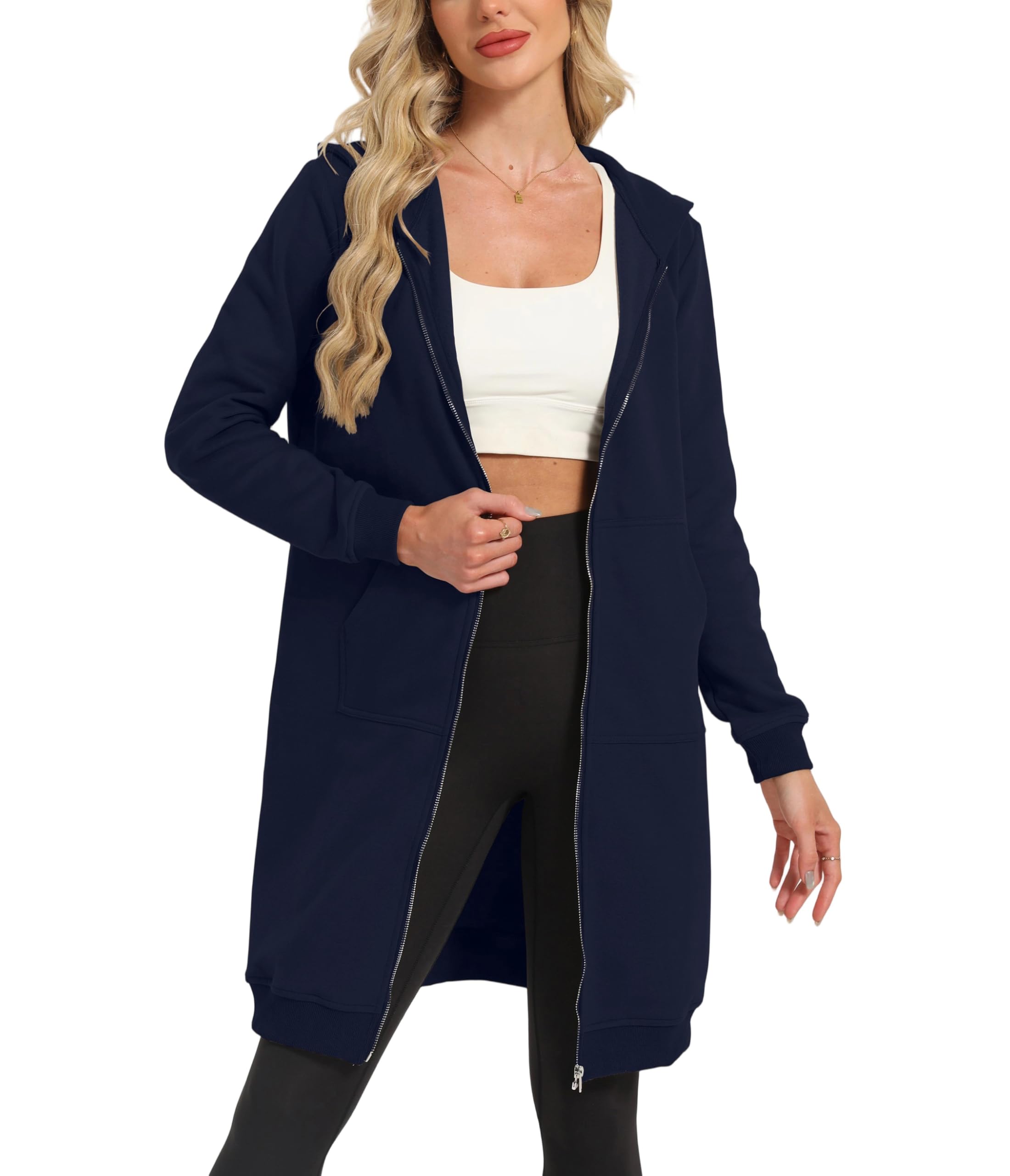 Timuspo Damen Lange Kapuzenjacke Weich und Locker Sweatjacke Einfarbig Zipper Hoodie Oversized Warm Sweatshirt Jacke Kapuzenpullover mit Taschen