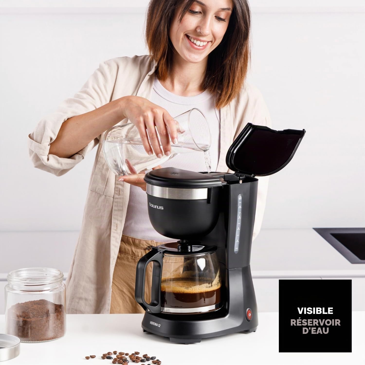 Taurus - Cafetière filtre Verona 12 + 680 W | Capacité 1,25 L, 12 tasses | Filtre permanent lavable | Bec anti-goutte | Sans BPA | Arrêt auto | Compacte | Noir