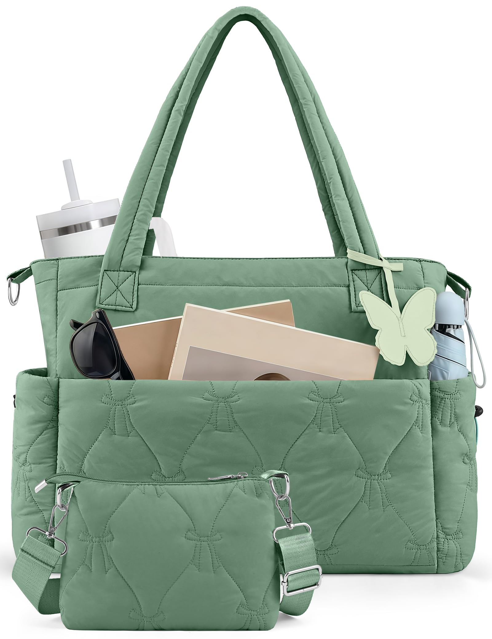 Puffer Tote Bag for Women Lightweight Quilted Puffy Work Handbag with Zipper Water Bottle Pocket for Teacher Office